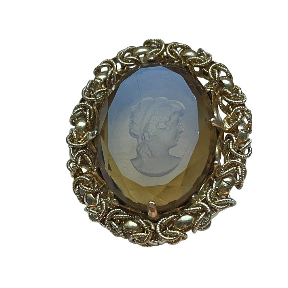 1960's Large Faceted Topaz Glass Pressed Cameo with Fancy Gold Tone Metal Frame‎